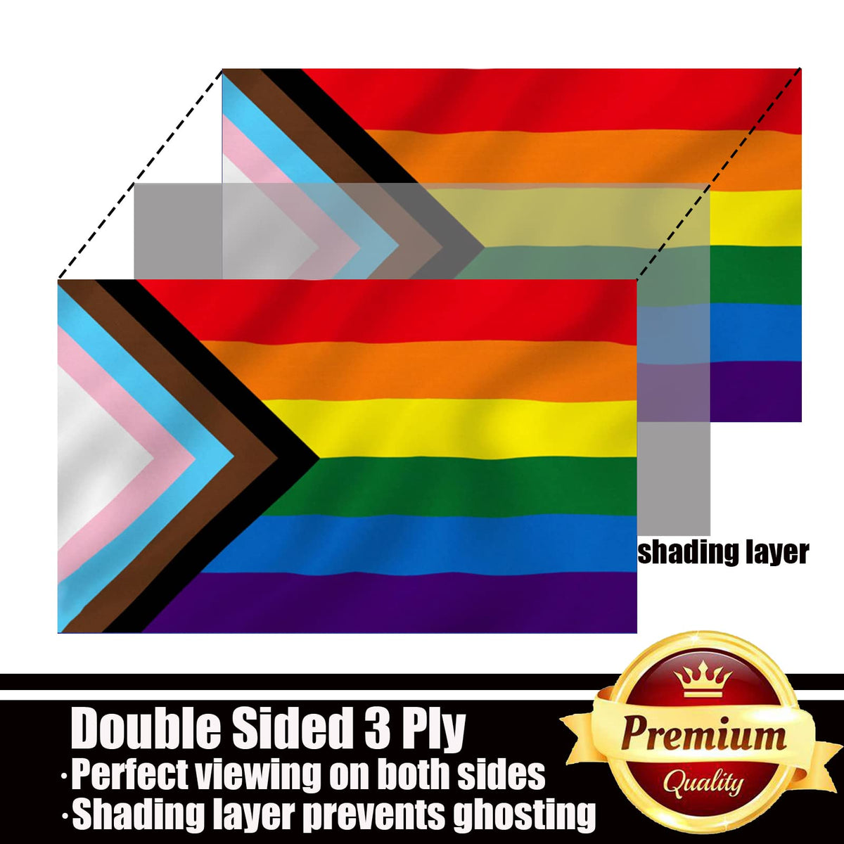 ducuh Progress Pride flag 3x5 size ready for poles and walls.