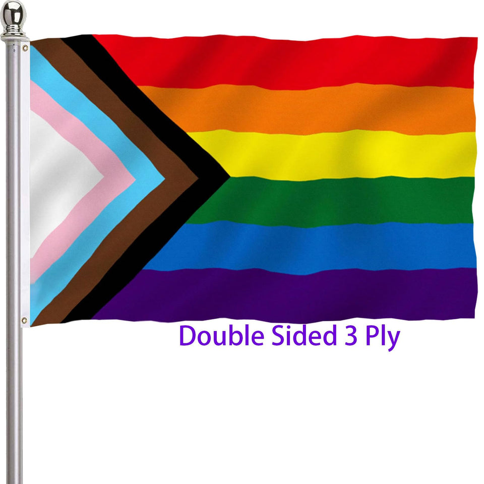 ducuh Progress Pride flag double-sided for outdoor visibility.