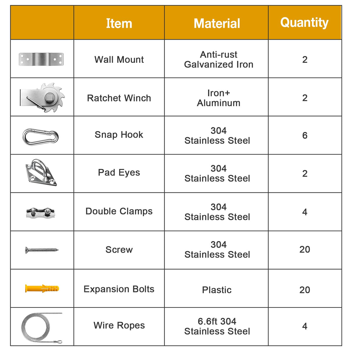 Duerer sun shade hardware kit wire rope 66ft ensures strong support across spans.