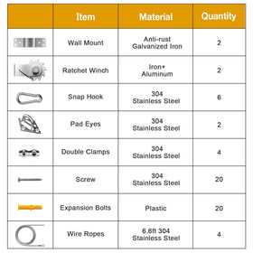 Duerer sun shade hardware kit wire rope 66ft ensures strong support across spans.