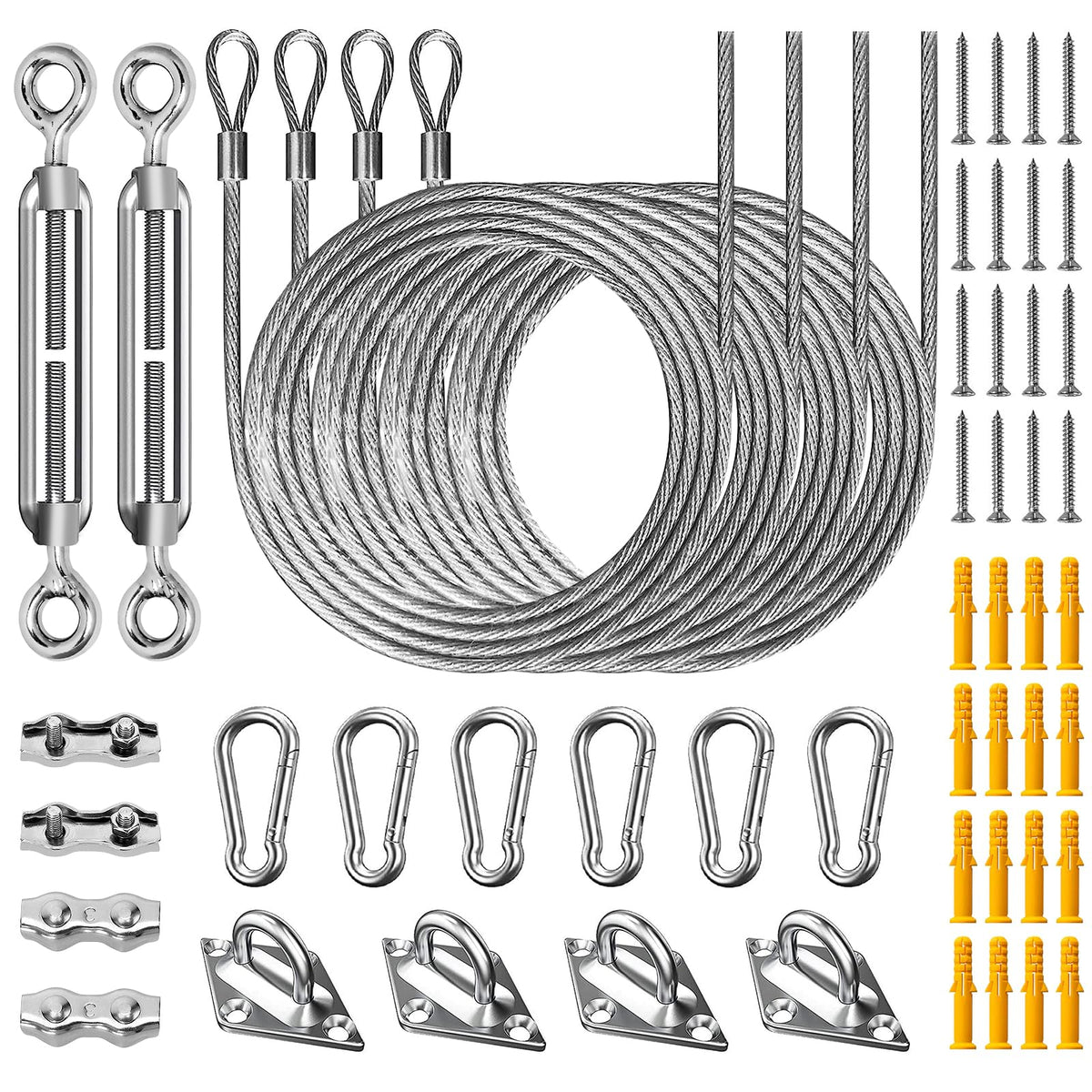 Duerer sun shade sail hardware 52pcs kit laid out for easy outdoor installation.