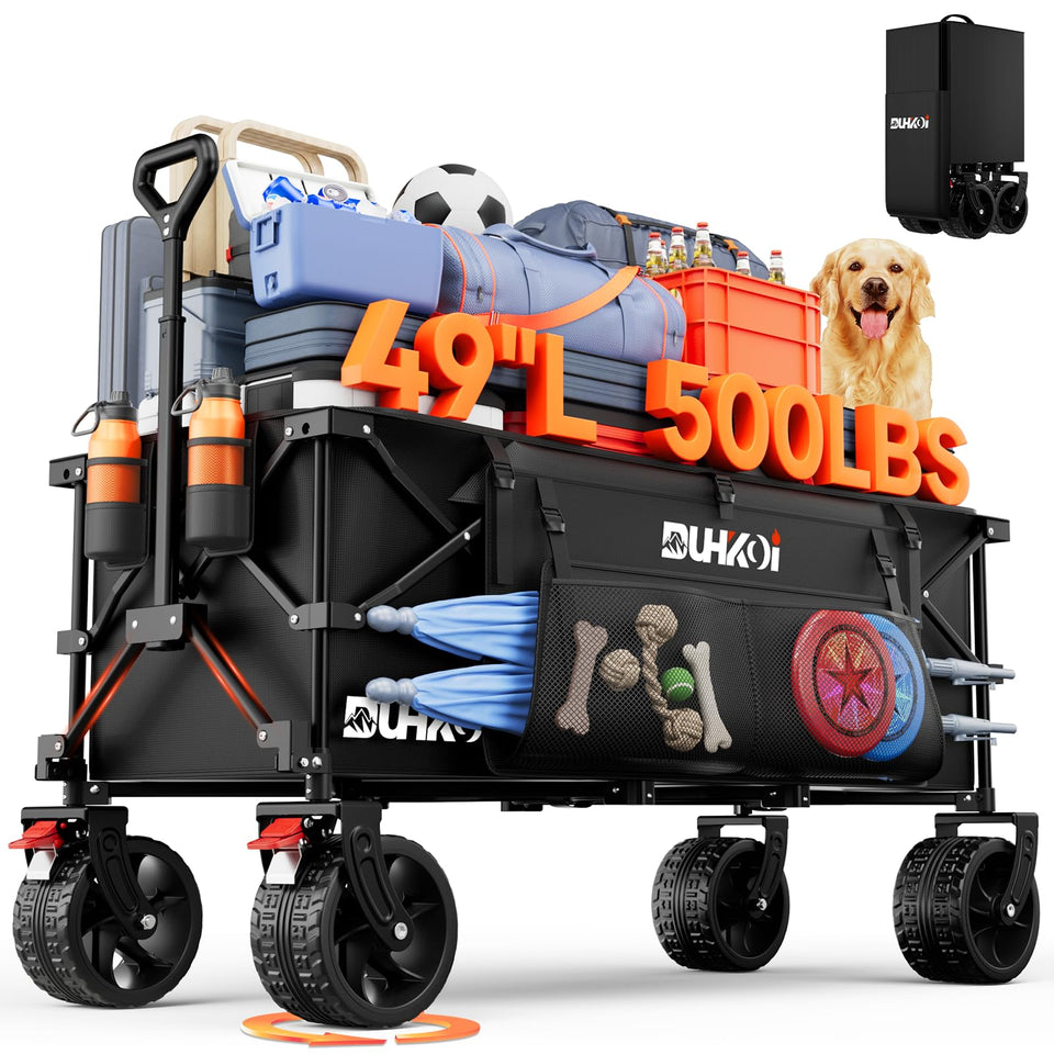 DUHKOI extended wagon interior shows 500lb capacity for groceries and gear.