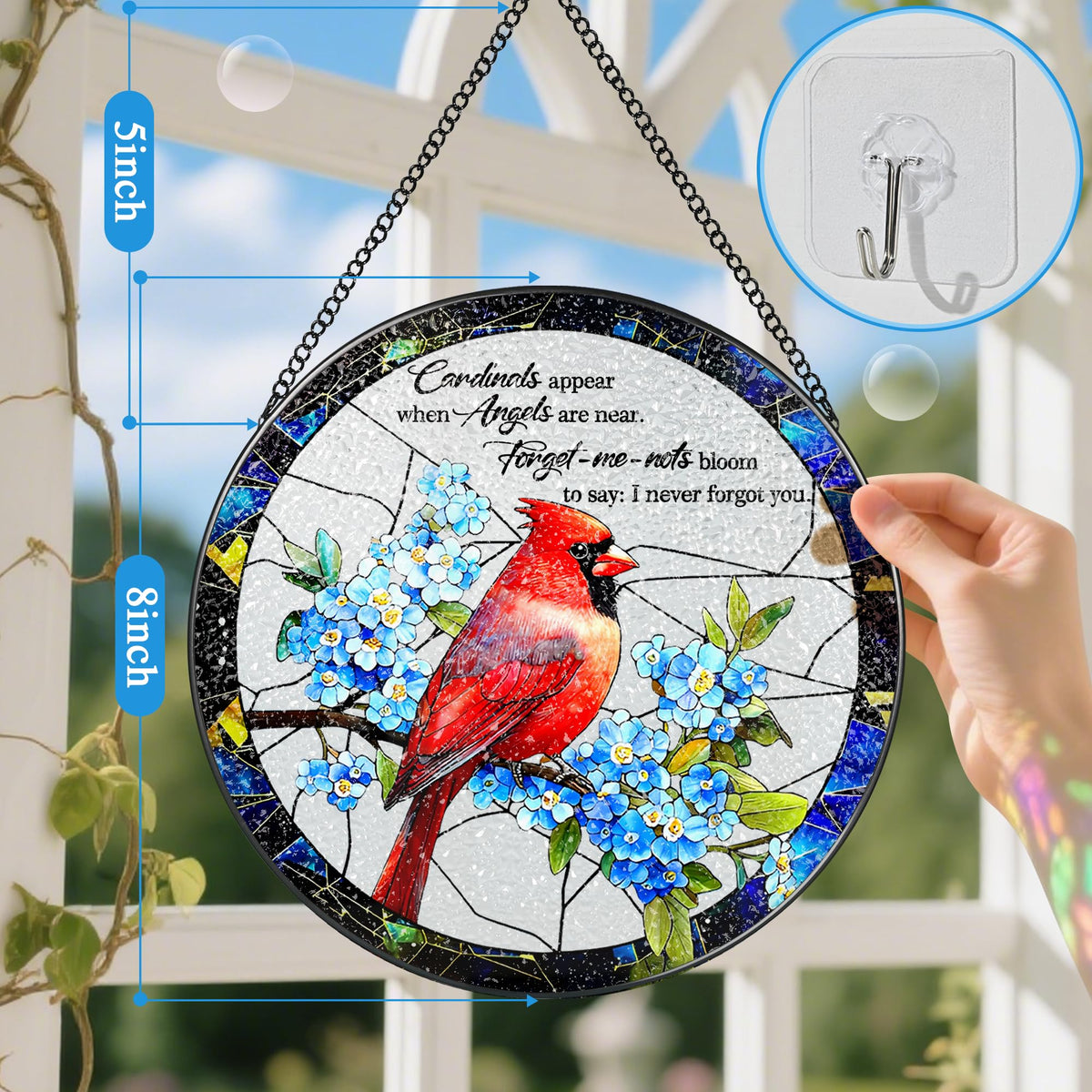 DUJITODOH cardinal stained glass window hanging, double-sided view shows color on both sides for versatile decor.
