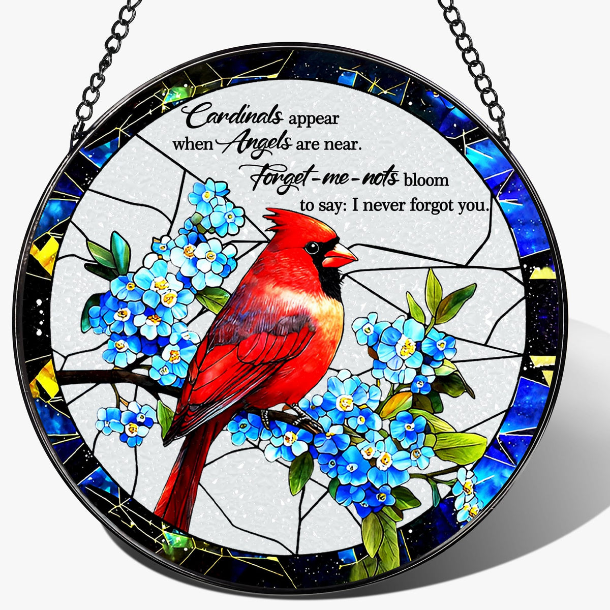 DUJITODOH cardinal stained glass window hanging, front view, vivid colors brightening sunny windows.