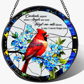 DUJITODOH cardinal stained glass window hanging, front view, vivid colors brightening sunny windows.