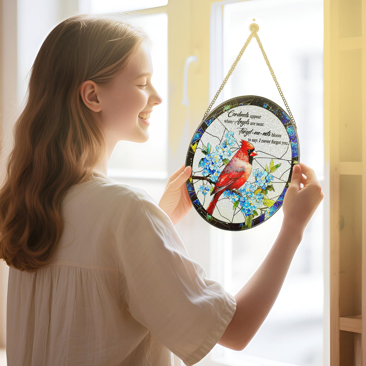 DUJITODOH suncatcher with hanging chain included for easy secure mounting on smooth surfaces.