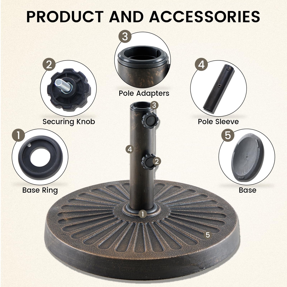 DUMOS bronze umbrella base side view highlighting wind resistance.