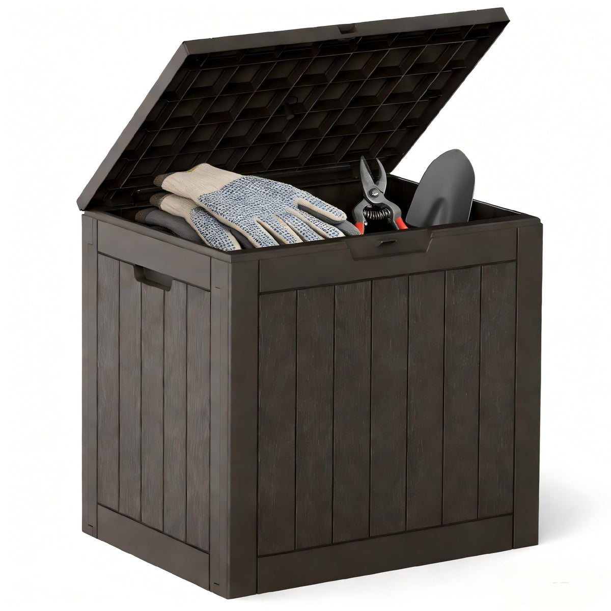 DUMOS 31-gallon deck box with lockable outdoor lid for secure storage of cushions.