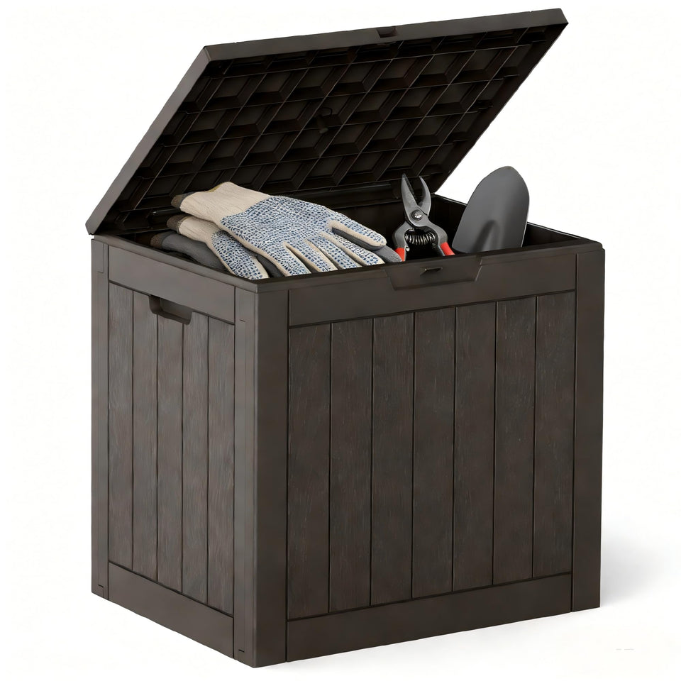 DUMOS 31-gallon deck box with lockable outdoor lid for secure storage of cushions.