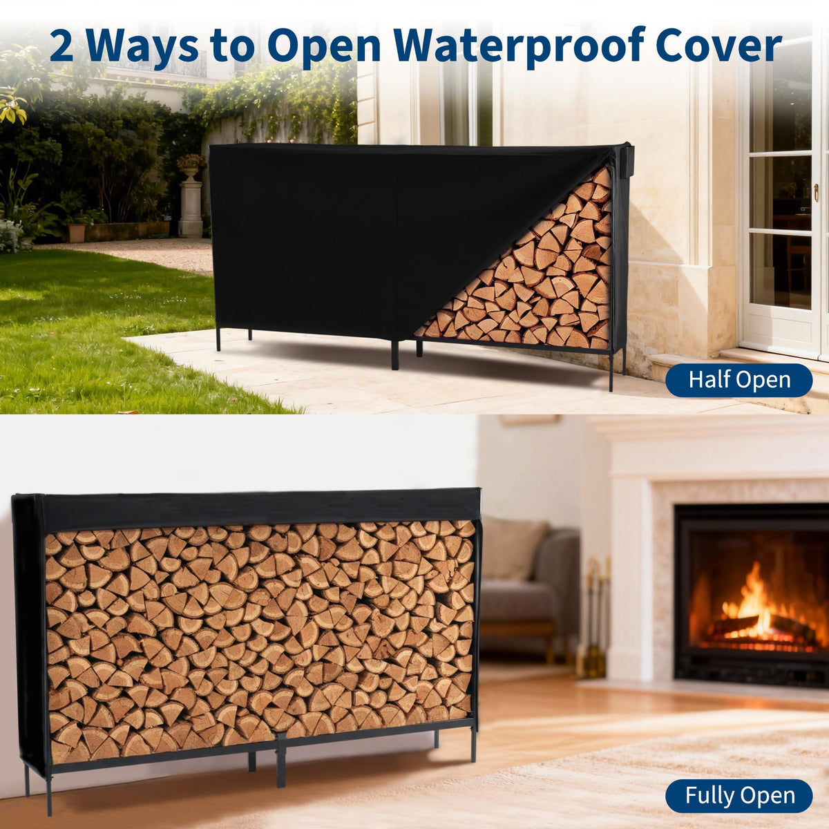 DUMOS firewood rack neatly stores logs for organized use.