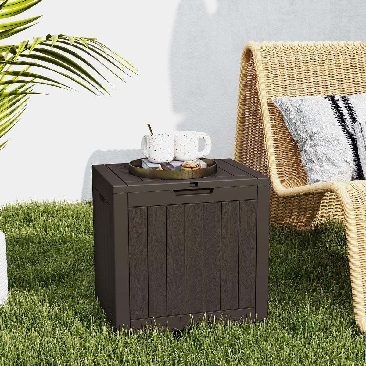 DUMOS hidden-handles lockable deck box offers easy access and security.