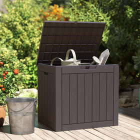 DUMOS multi-functional deck box doubles as seating or a side table.