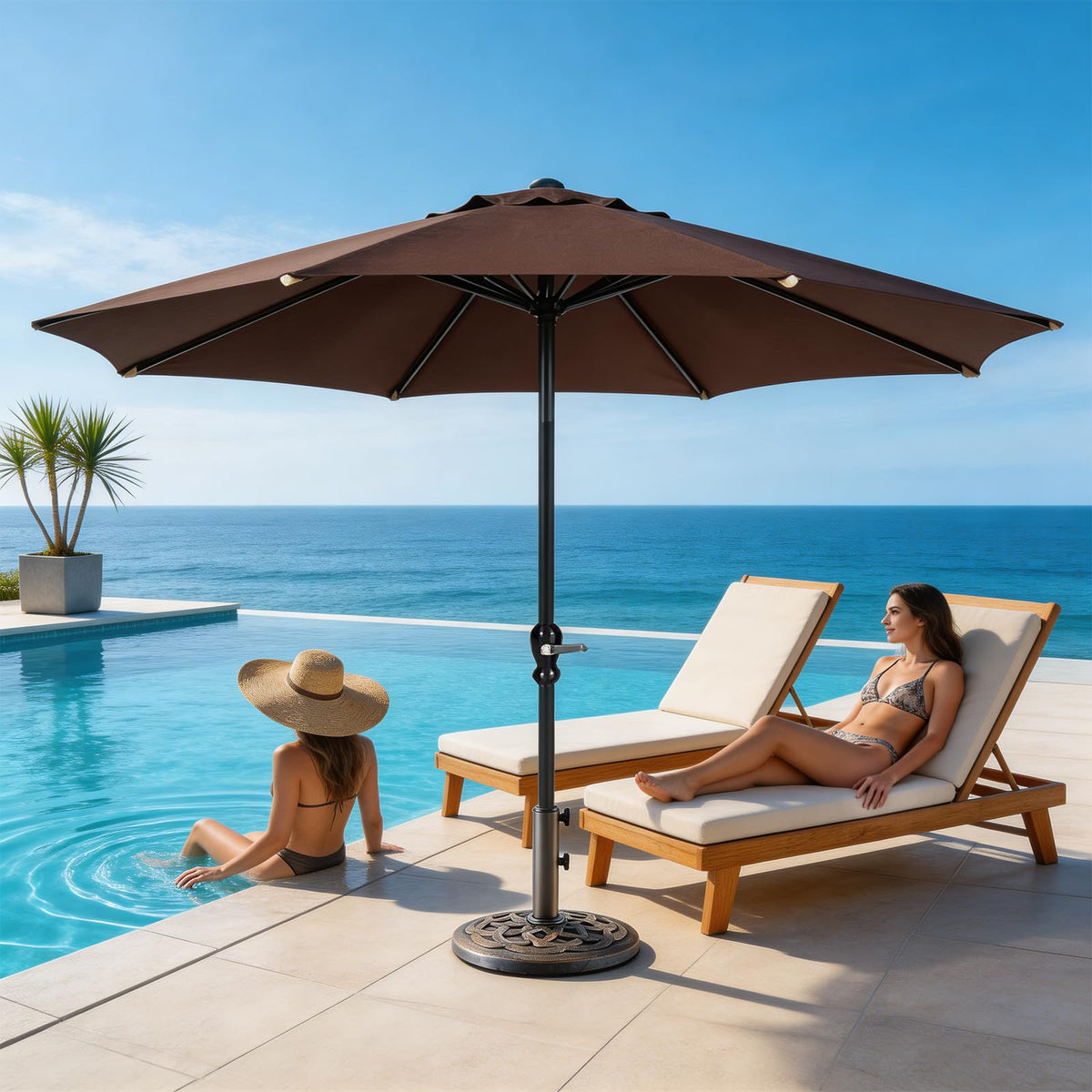 DUMOS outdoor base complements patio furniture with bronze tone.