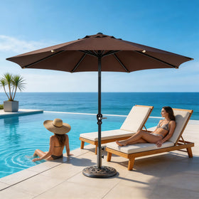 DUMOS outdoor base complements patio furniture with bronze tone.