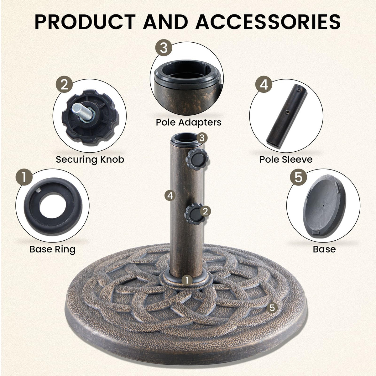 DUMOS umbrella base dual-knobs secure the pole against gusts.