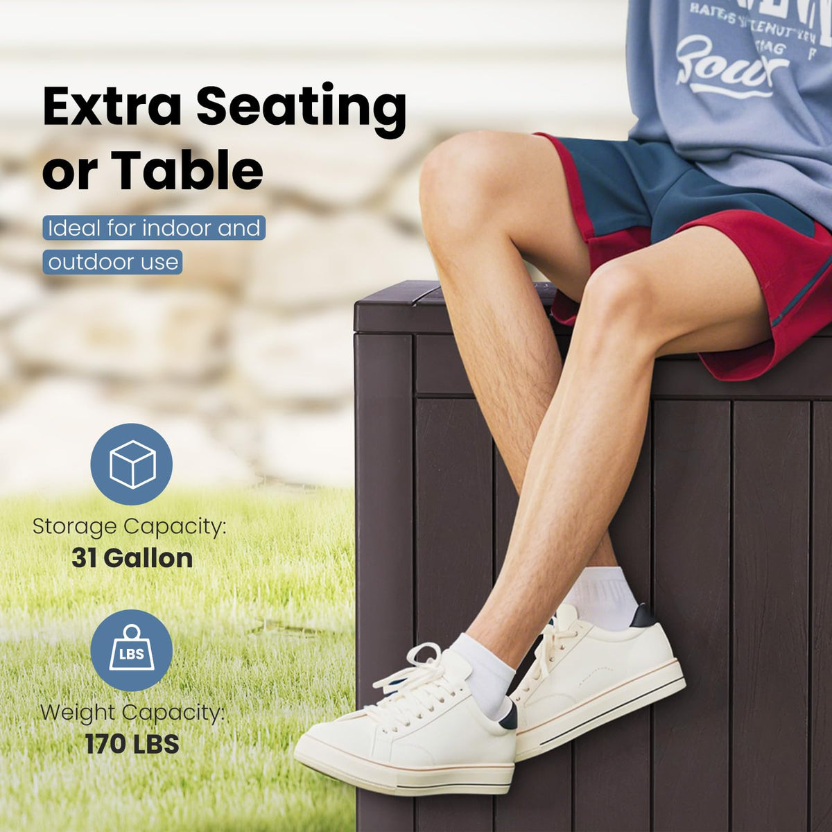 DUMOS waterproof resin storage box protects patio gear from rain and sun.