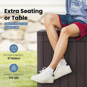 DUMOS waterproof resin storage box protects patio gear from rain and sun.