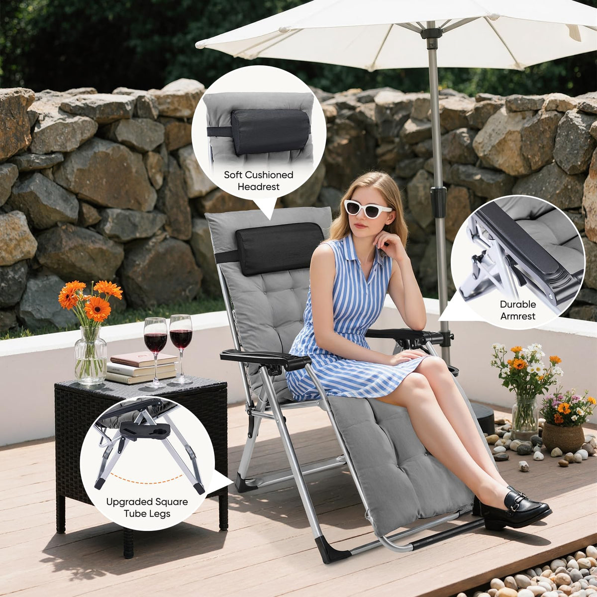 DUMOS ergonomic headrest supports comfortable lounging in adjustable positions.