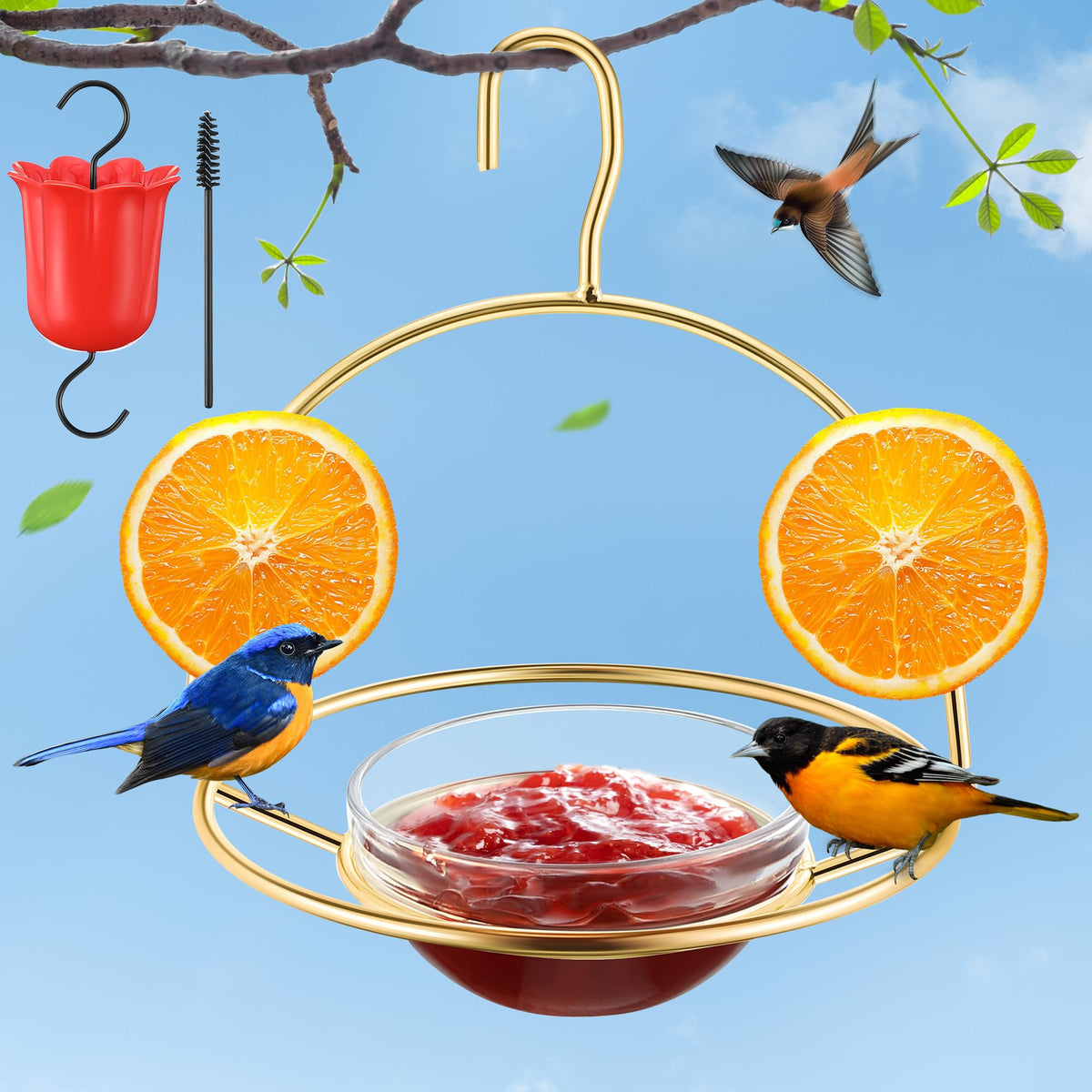 Dunkive metal oriole feeder with ant moat deters ants during outdoor feeding.