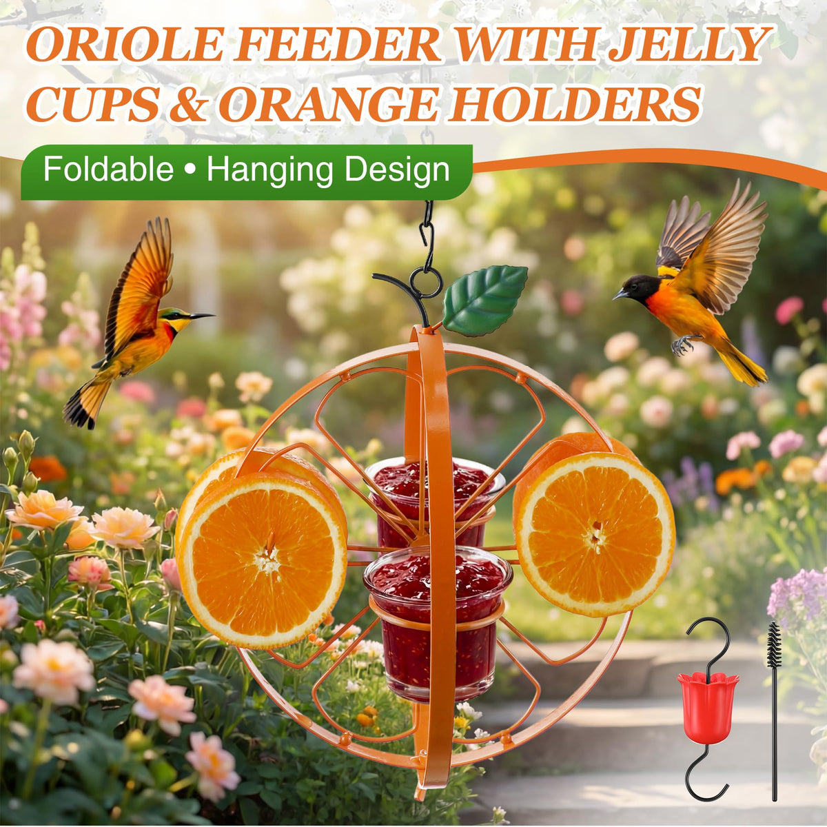 Dunkive Oriole Feeder orange holders support fresh fruit halves for bright backyard color.