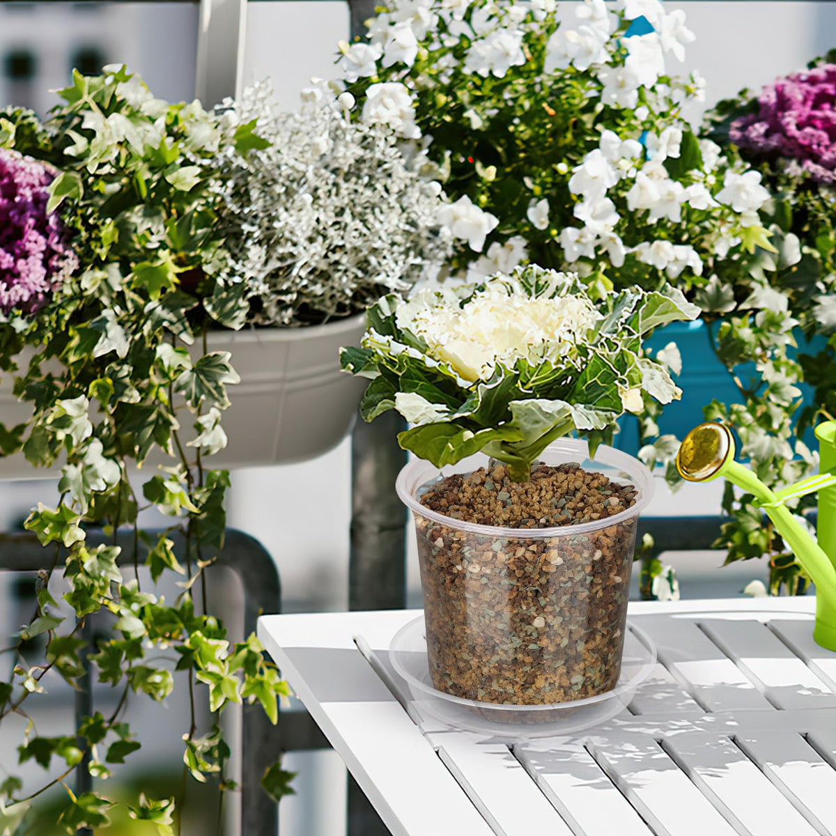 DUNPUTE nursery pot with matching tray enables clean indoor planting and excess water control.
