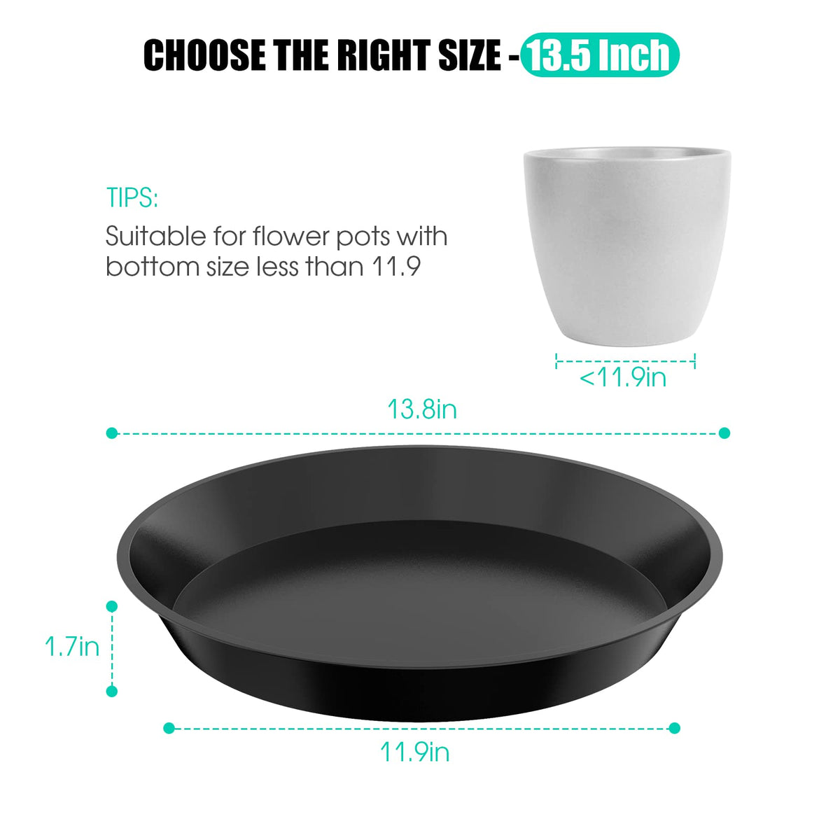 DUNPUTE 14-inch plant saucer side profile demonstrating sturdy support for large pots
