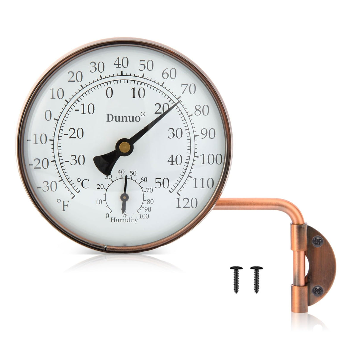 DUNUO brass outdoor thermometer dial provides clear temperature readings for patios.