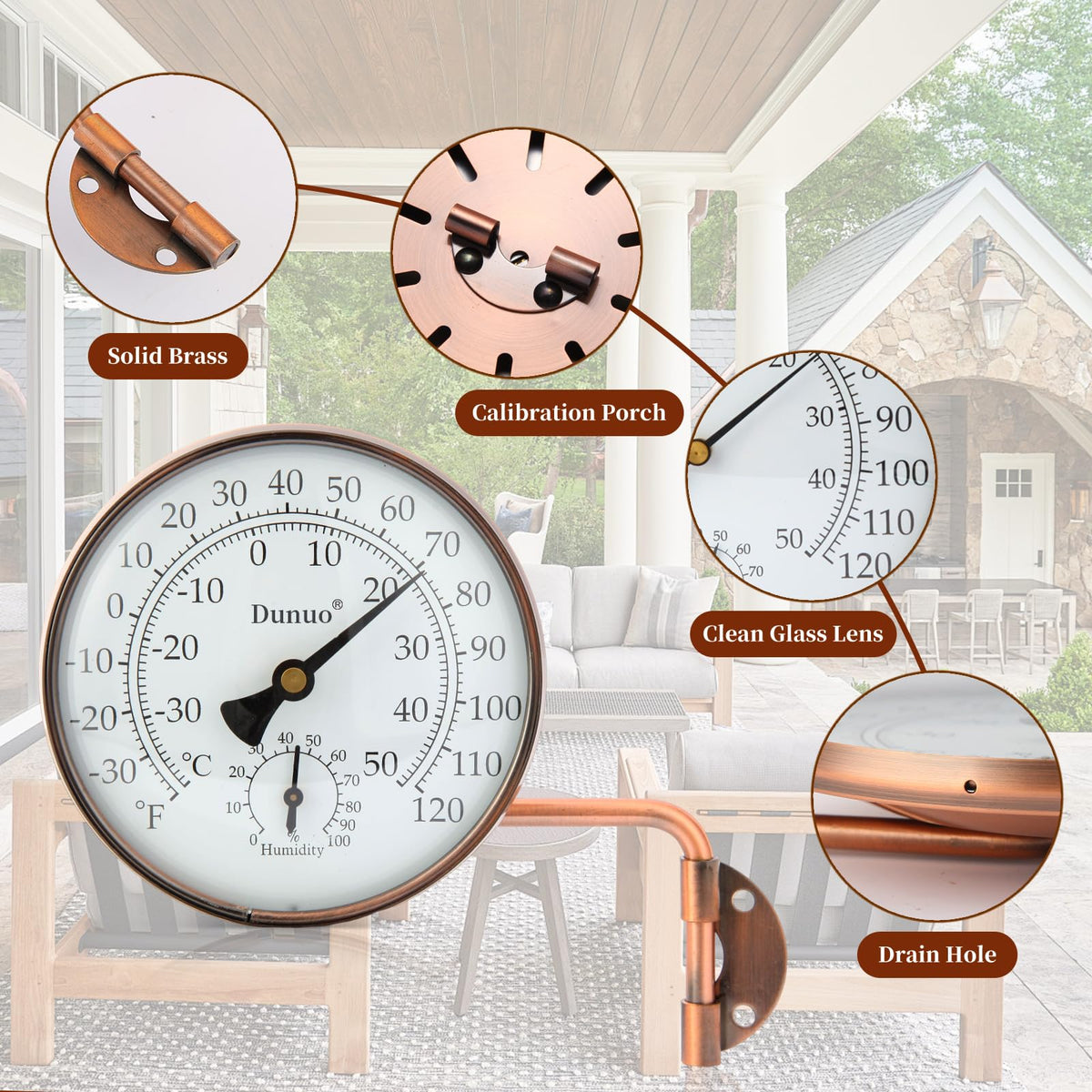 DUNUO greenhouse bronze thermometer supports year-round environmental awareness.