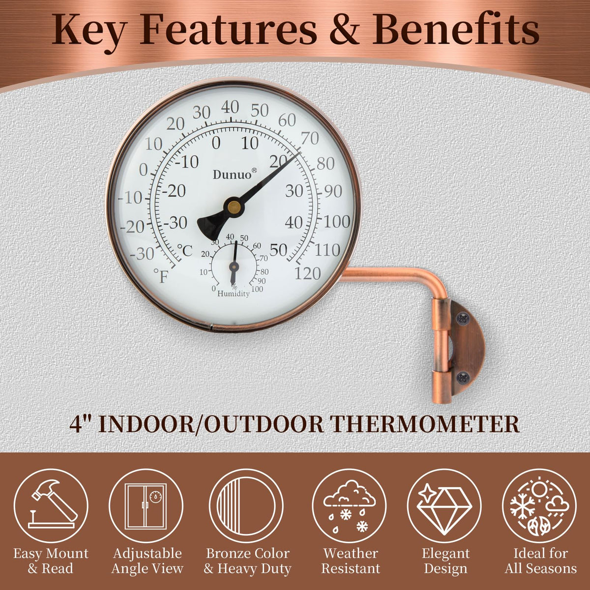DUNUO wall-mount bronze dial thermometer reads from any angle.