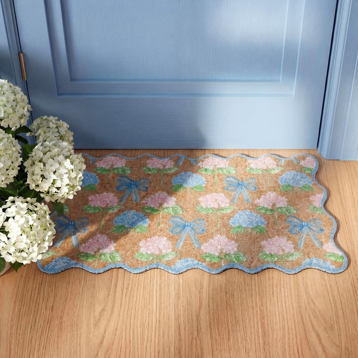 Blue pink hydrangea pattern adds decorative floral charm.