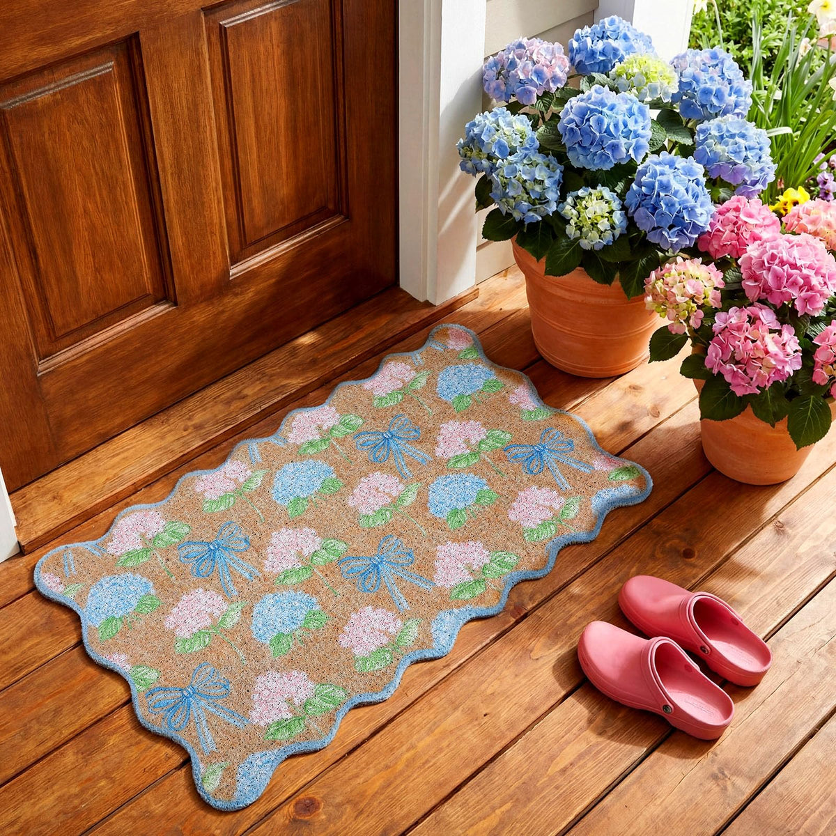 Entryway scene highlighting rustic floral decor and practical dirt control.