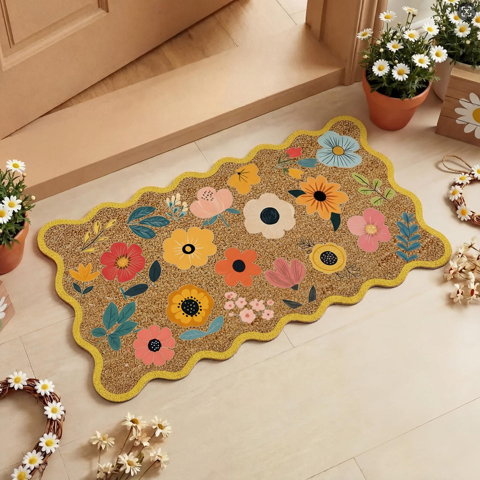 Dunzy spring door mat with colorful floral pattern welcomes guests and traps dust.