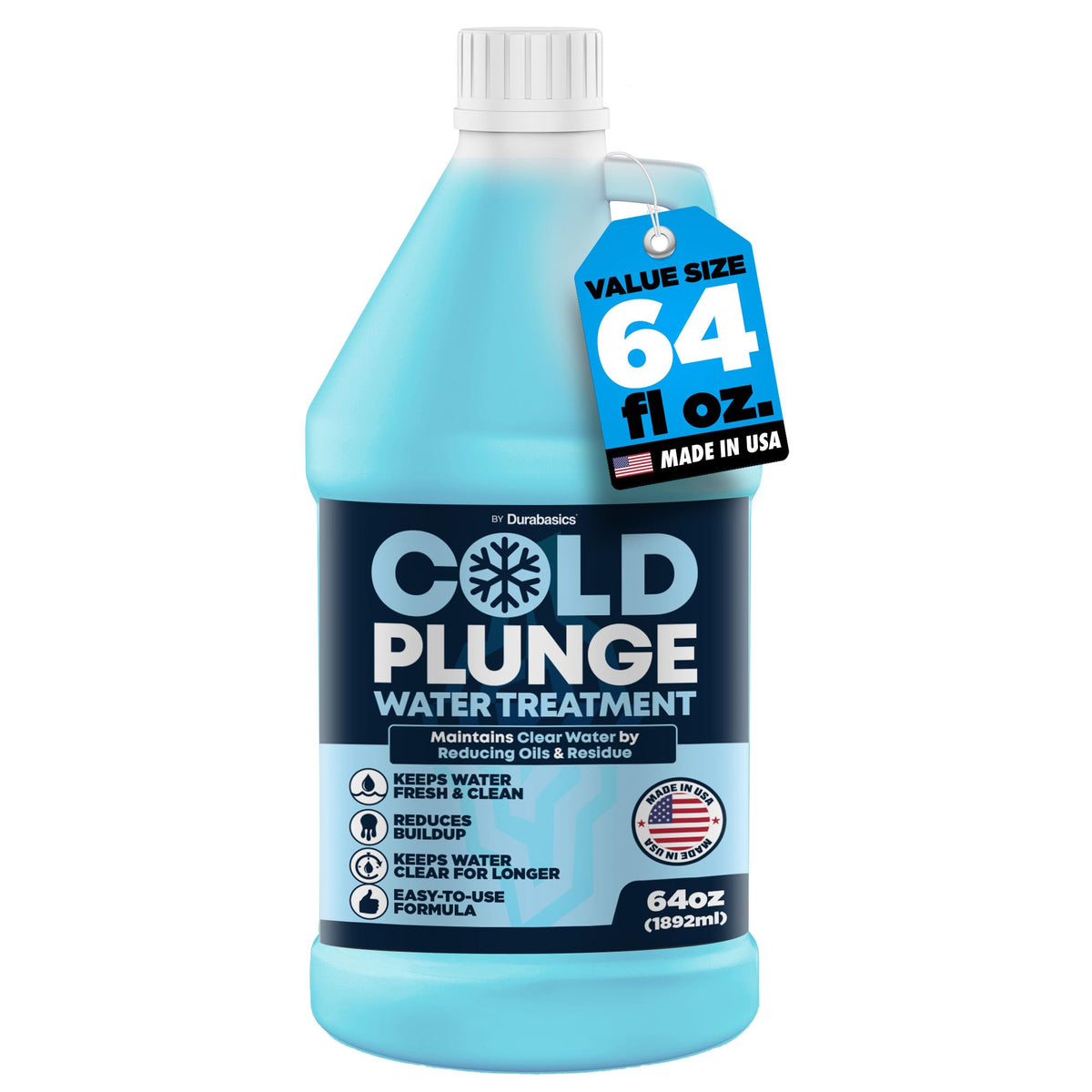 Durabasics 3in1 cold plunge water treatment bottle improves clarity and reduces residue.