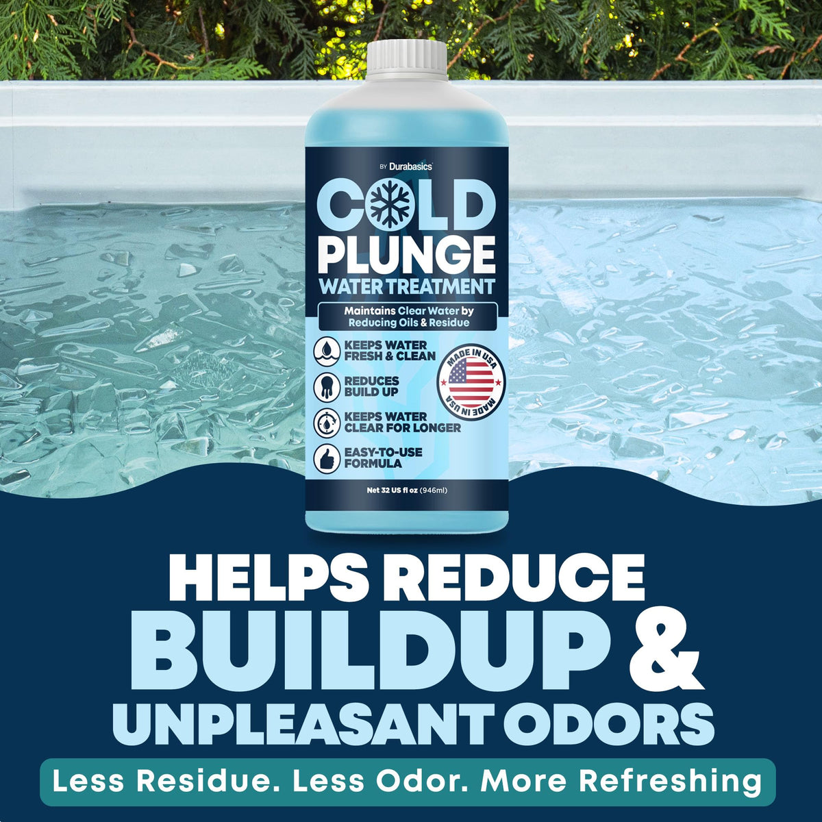 Durabasics cold plunge cleaner pour action demonstrates quick refreshing of ice bath water.
