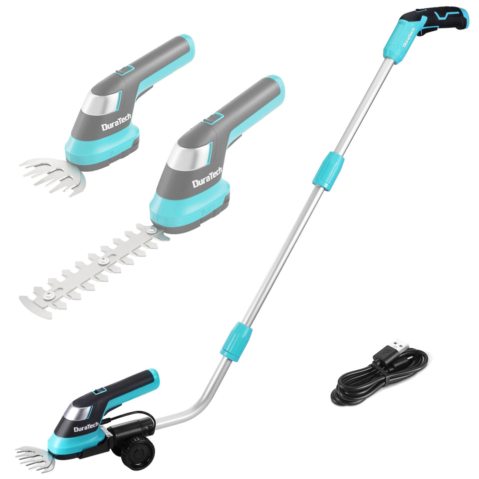 DURATECH cordless hedge trimmer compact handheld for precise one-handed trimming in tight spaces.