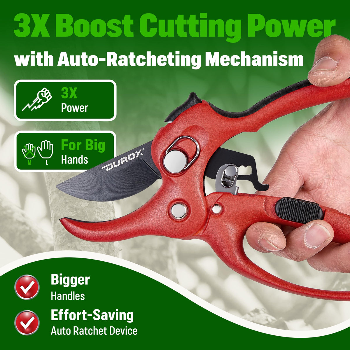 DuroX DGR-01 handles for comfortable trimming of large and small branches.