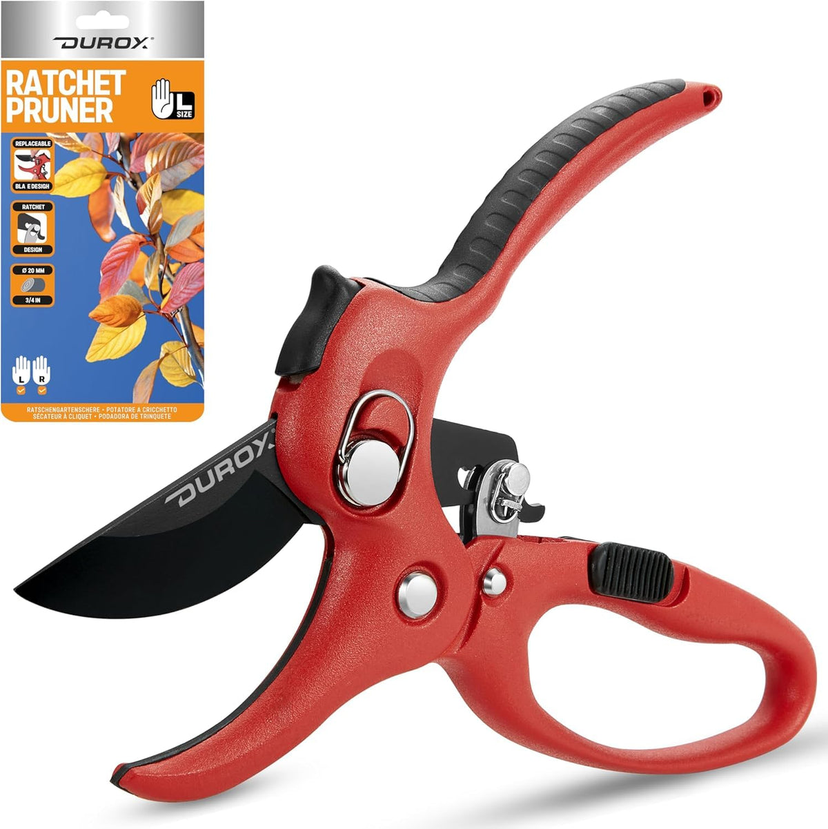 DuroX DGR-01 ratchet pruning shears in hand enabling precise, low-effort pruning.
