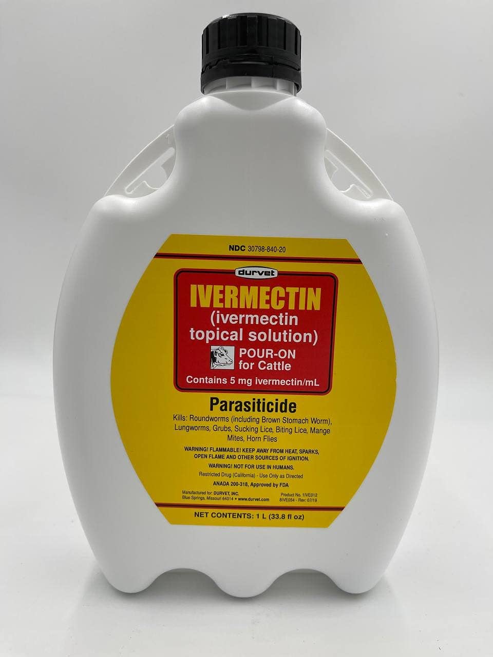 Durvet Ivermectin Pour On bottle closeup highlighting dosing potential for cattle parasite control
