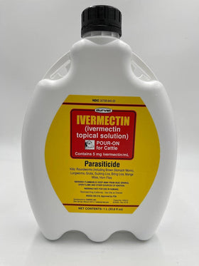 Durvet Ivermectin Pour On bottle closeup highlighting dosing potential for cattle parasite control