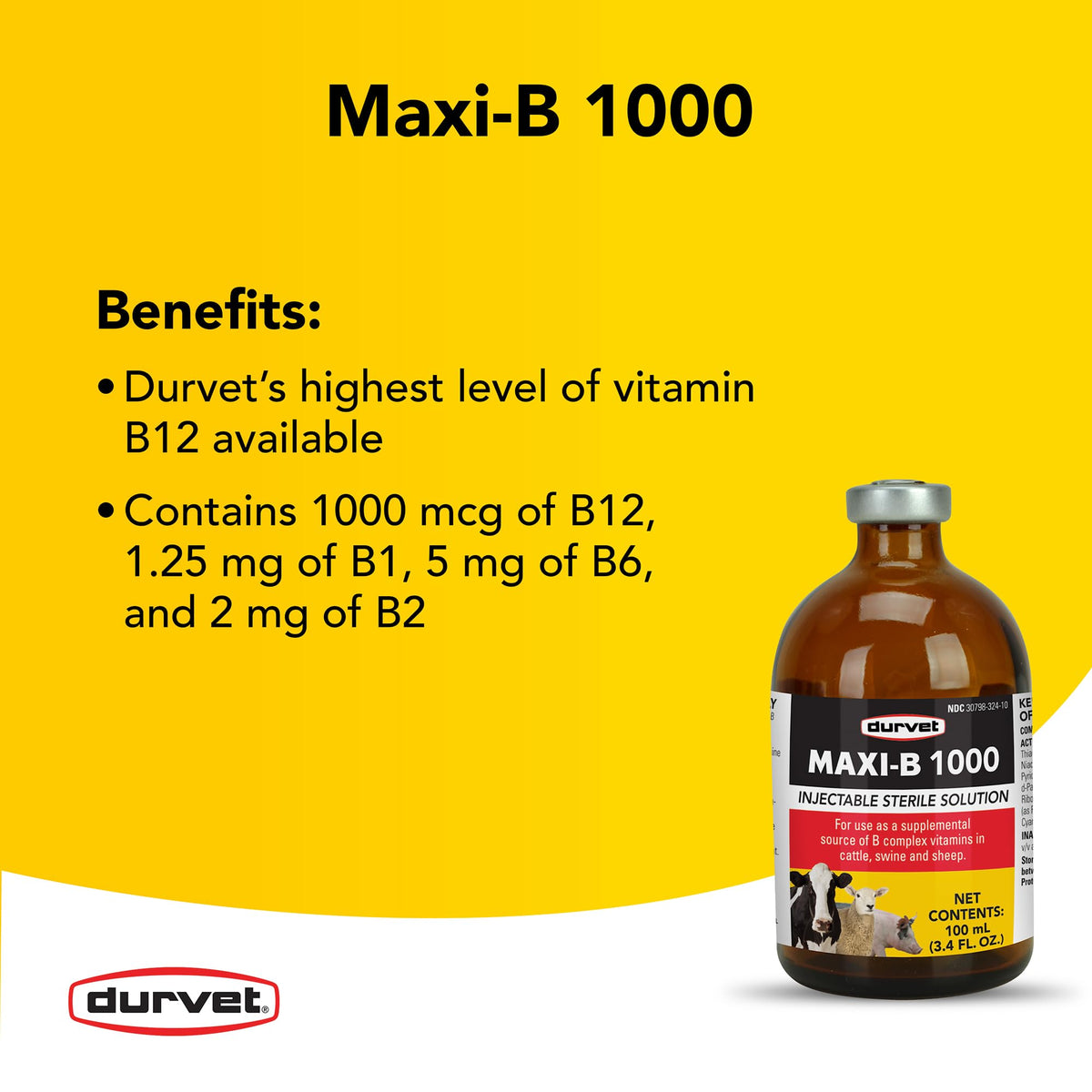 Durvet Maxi-B 1000 label closeup showing instructions and ingredients.