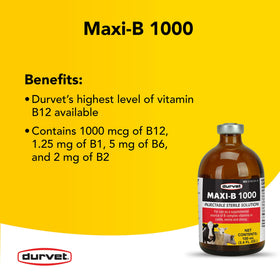 Durvet Maxi-B 1000 label closeup showing instructions and ingredients.