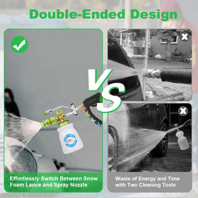 Dusichin dual-connector enables easy switching between wash and foam.