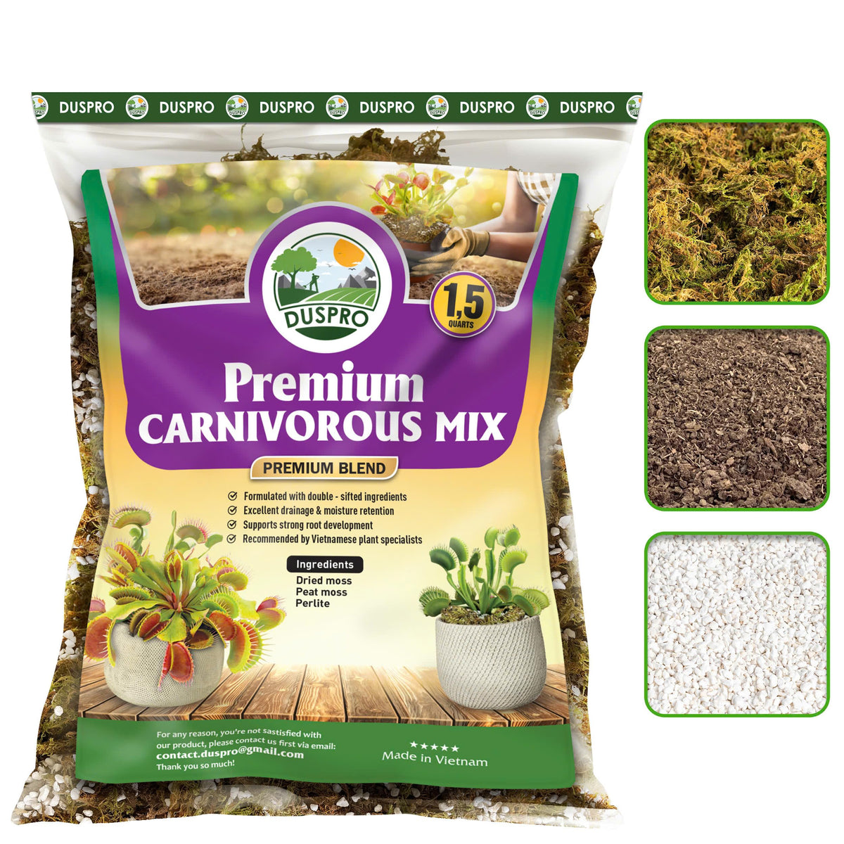 Duspro carnivorous soil mix with forest moss supports moisture retention.
