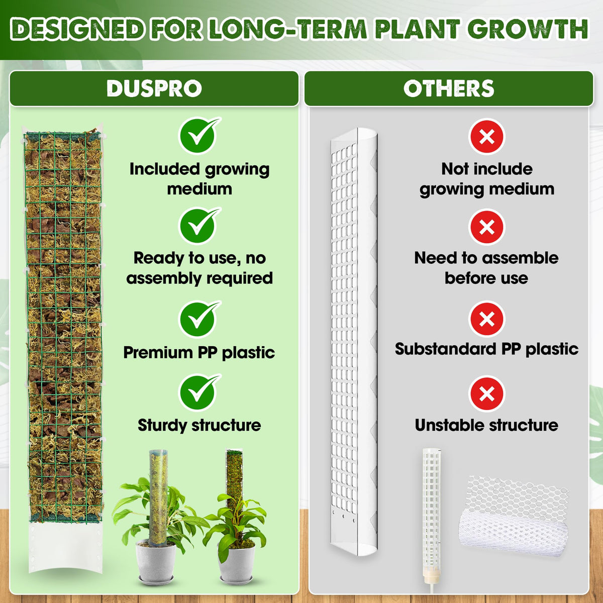 Duspro extendable, stackable moss pole adapts to growing vines.