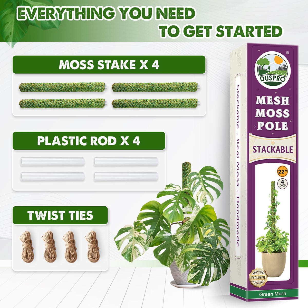 Duspro moss pole includes jute twine for quick plant securing.