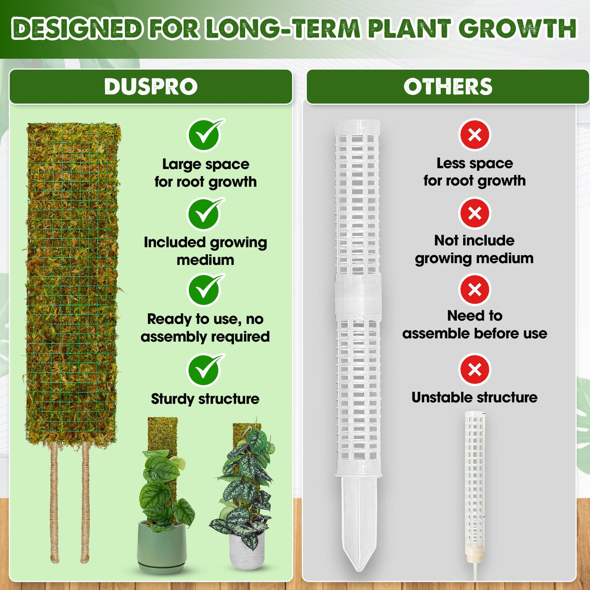 Duspro expandable moss pole accepts extra sections for taller plants.