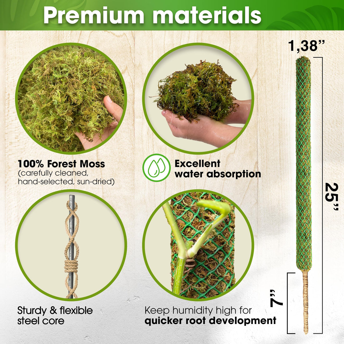 Duspro moss pole setup shows climbing plants securely supported for vertical growth indoors.