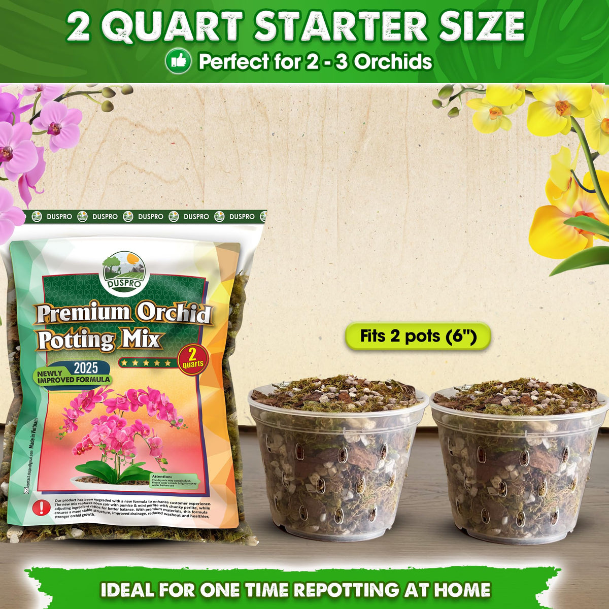Duspro orchid potting mix comes in a ready-to-use 2qt package for repotting.