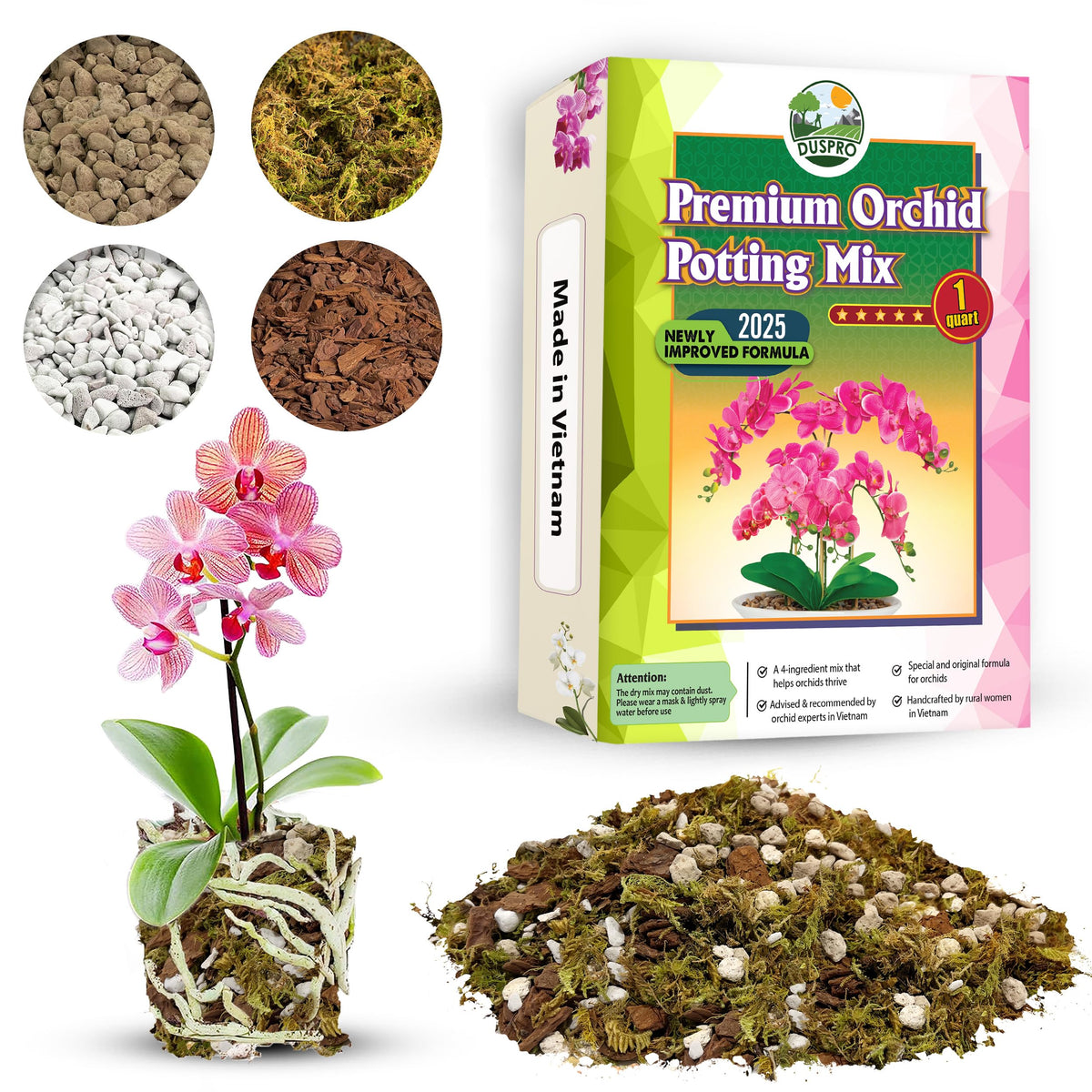 Duspro Orchid Potting Mix forest moss close-up shows moisture retention for thriving roots