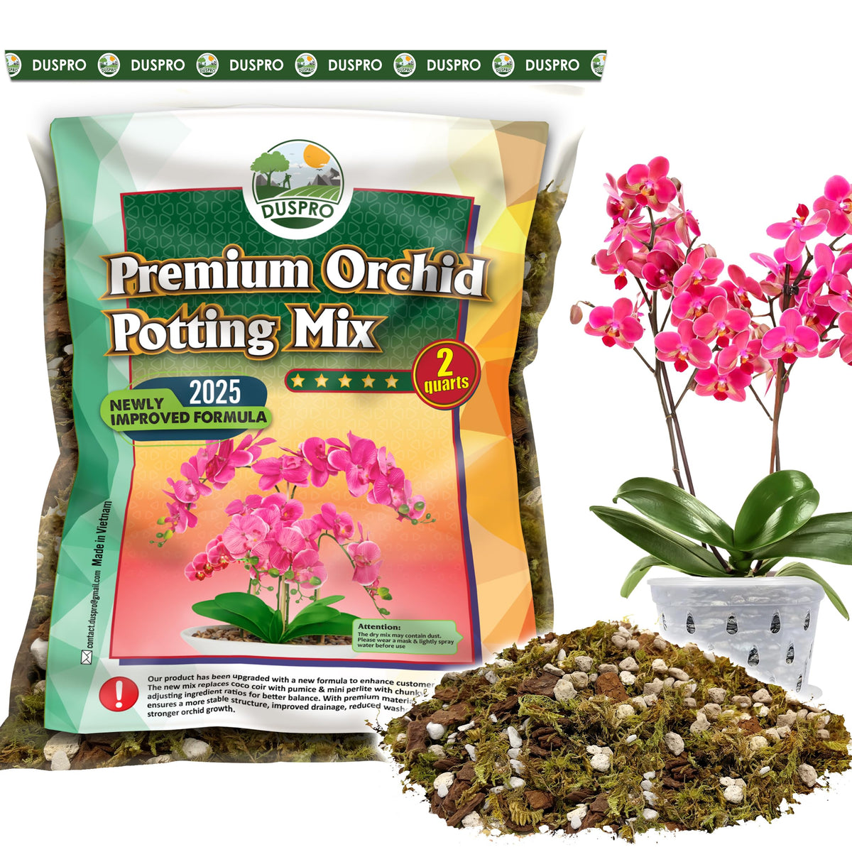 Duspro orchid potting mix with forest moss for moisture and healthy roots.